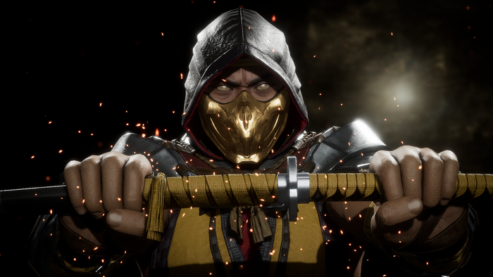Scorpion from Mortal Kombat holding a katana