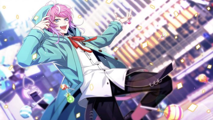 Ramuda Amemura in a blue coat with pink hair