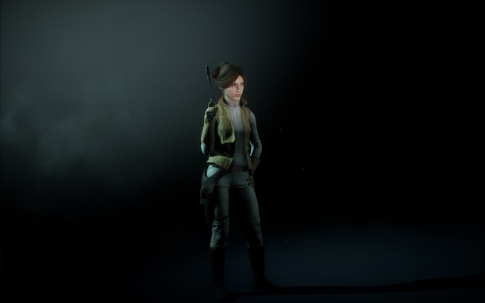 Leia Organa holding a blaster rifle