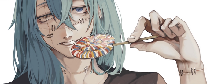 Mahito from Jujutsu Kaisen with a lollipop