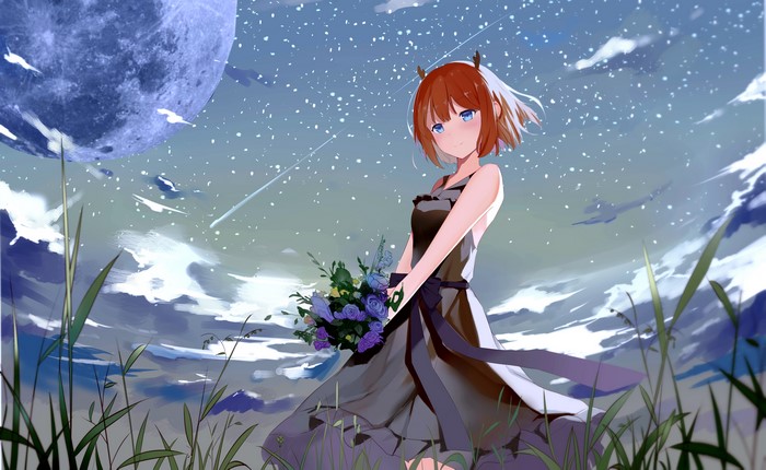 Girl with Short Hair holding Flowers under the Moon