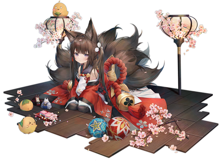 Amagi (Azur Lane) with Kitsune Tails and Cherry Blossoms