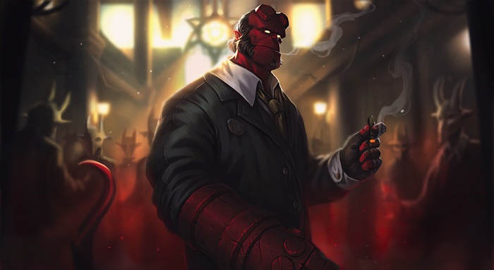Hellboy smoking a cigar in a dark room
