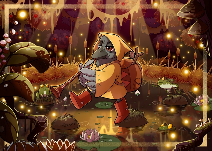 Fantasy Bird Playing Flute in a Magical Swamp