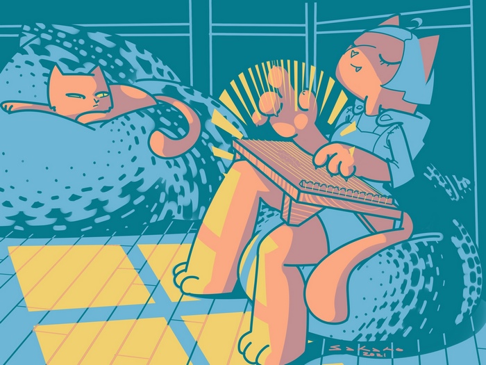 Cats playing a stringed instrument