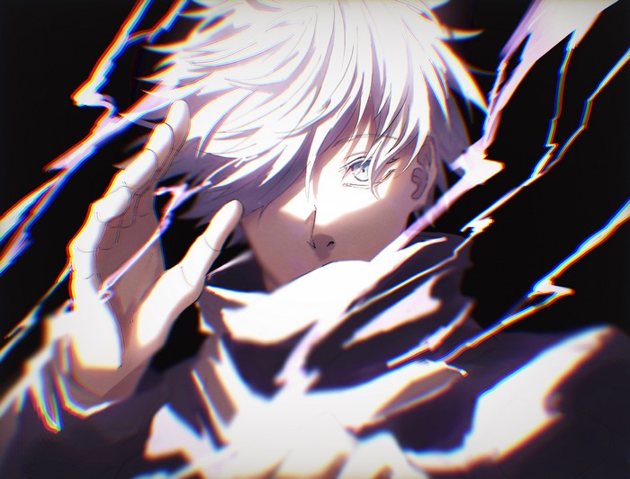 Satoru Gojo with white hair and blue eyes