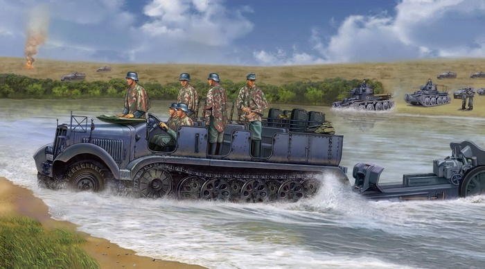 German soldiers in a halftrack vehicle crossing a river