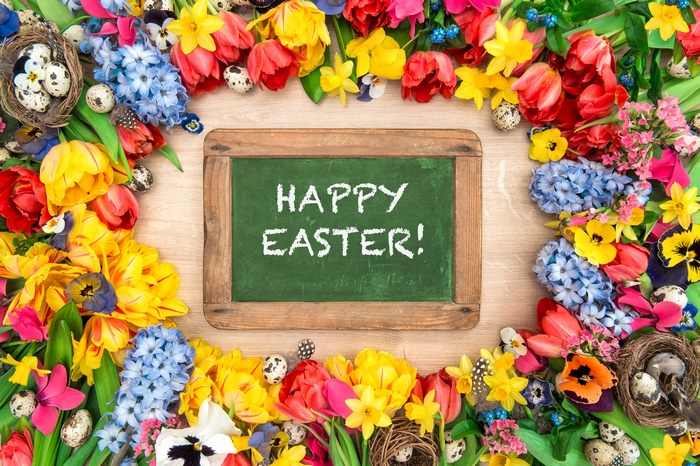 Happy Easter floral arrangement with chalkboard