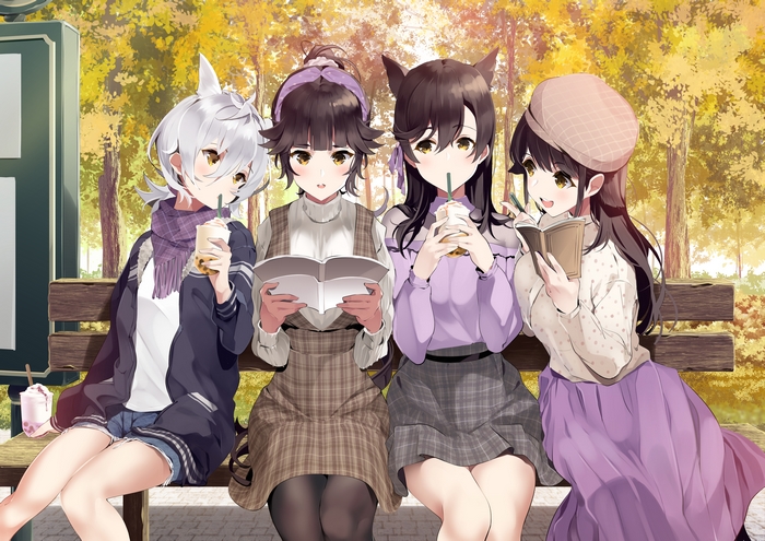 Azur Lane 4K: Four girls reading and drinking on a bench