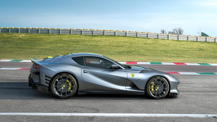 Silver Ferrari 812 Superfast on a Racetrack