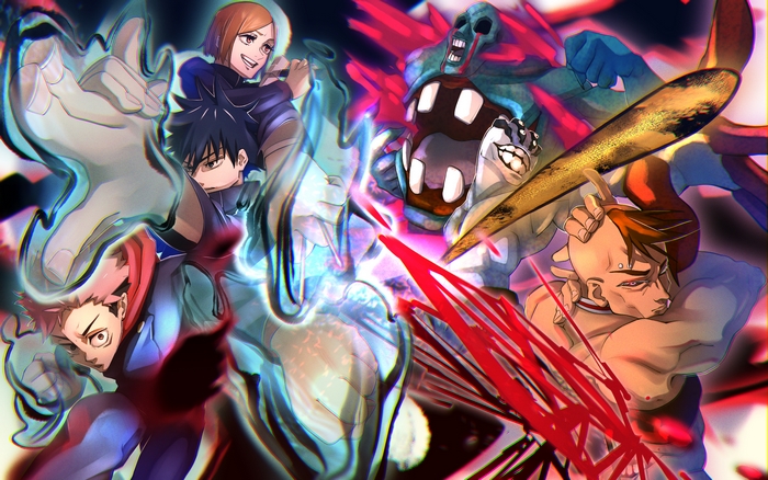 Yuji Itadori, Megumi Fushiguro, and Nobara Kugisaki fighting monsters