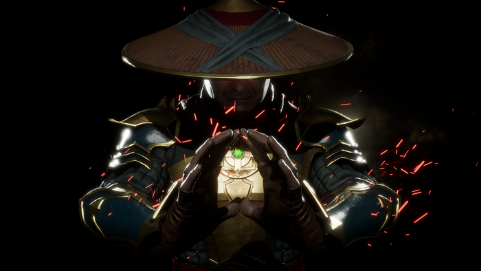 Raiden from Mortal Kombat holding an amulet