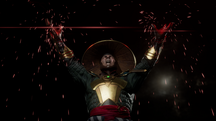 Raiden with arms raised amidst sparks