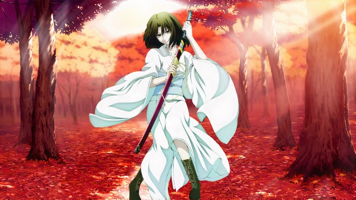 Shiki Ryougi with a sword in a forest