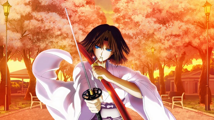 Shiki Ryougi with a sword in a park