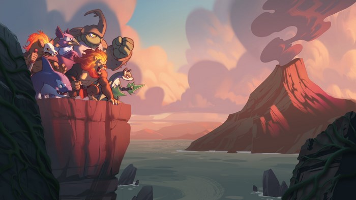 Rivals of Aether characters on a cliff overlooking a volcano