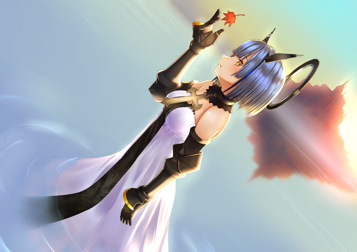 Gascogne from Azur Lane holding a maple leaf