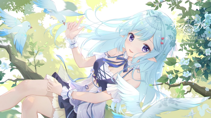Anime Girl with Blue Hair and Birds 4K
