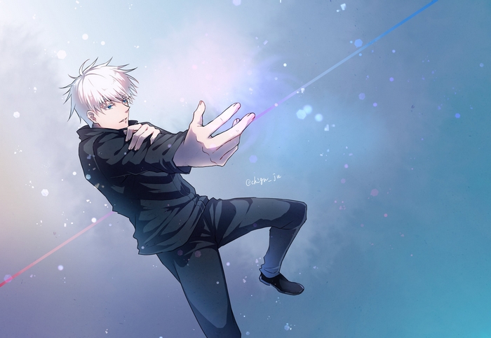 Satoru Gojo in a black uniform with white hair