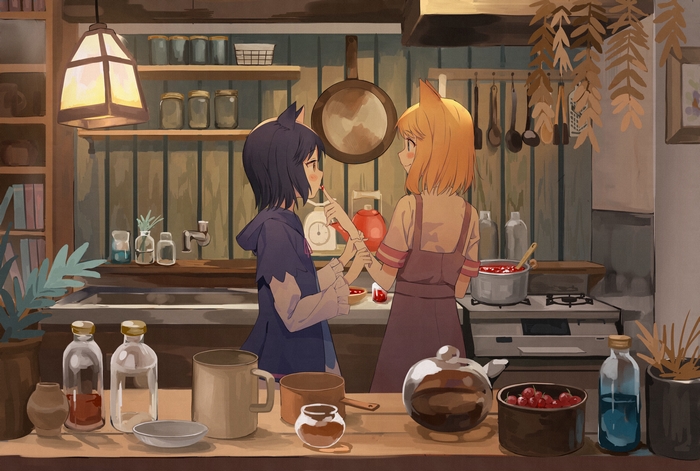 Two anime girls in a kitchen