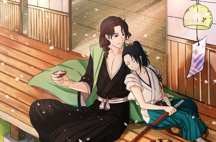 Anime couple in traditional Japanese attire with sake