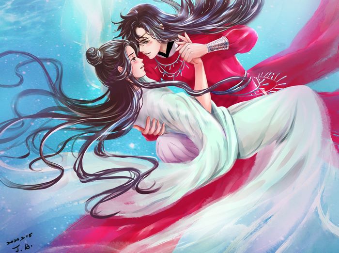 Xie Lian and Hua Cheng in a romantic embrace