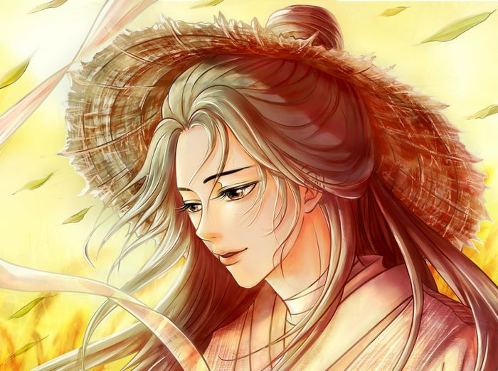 Xie Lian wearing a straw hat
