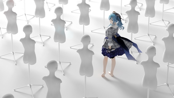 Suisei Hoshimachi surrounded by mannequins