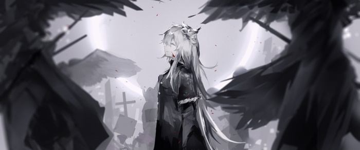 Lappland from Arknights in a graveyard