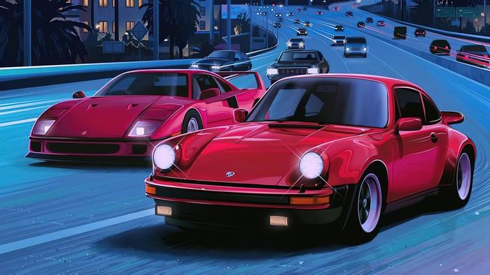 Red Sports Cars on an 80s Highway