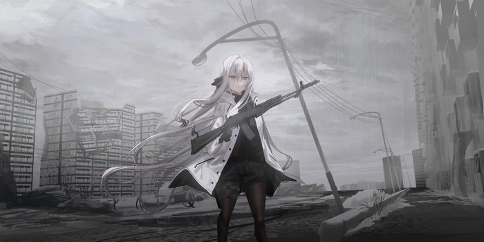 Girl with rifle in ruined city