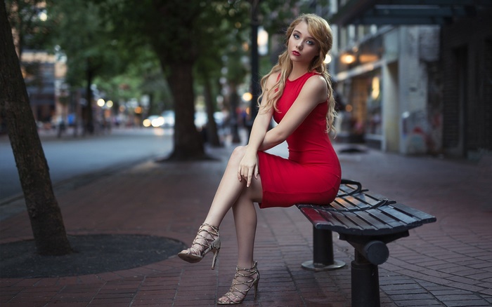 Woman in Red Dress Sitting on Bench