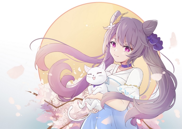 Keqing from Genshin Impact holding a white cat