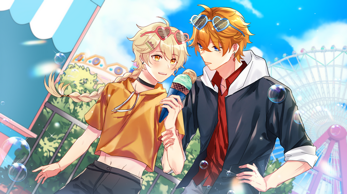 Aether and Tartaglia Childe at an amusement park