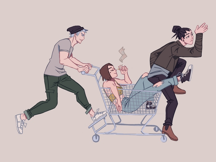 Suguru Geto, Satoru Gojo, and Shoko Ieiri in a shopping cart