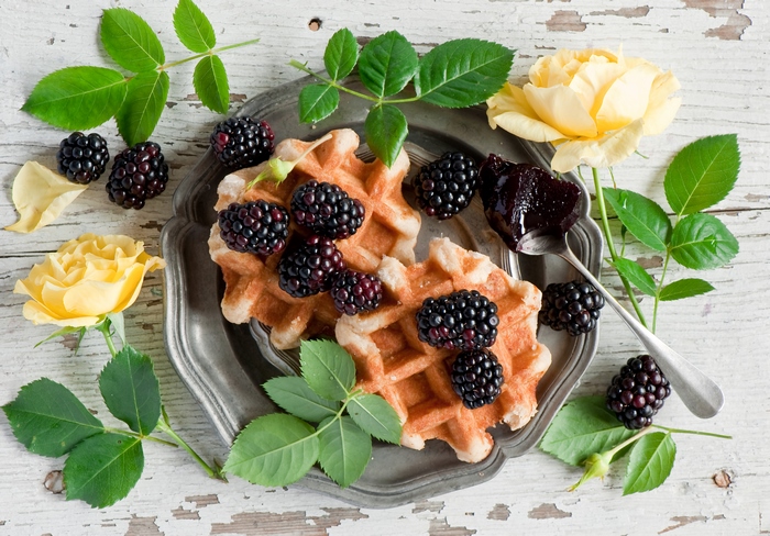 Waffles with Blackberries and Yellow Roses 4K