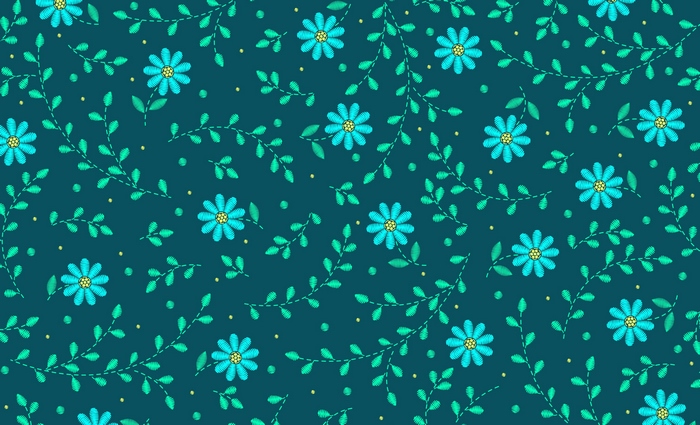 Embroidery pattern of blue flowers and green leaves