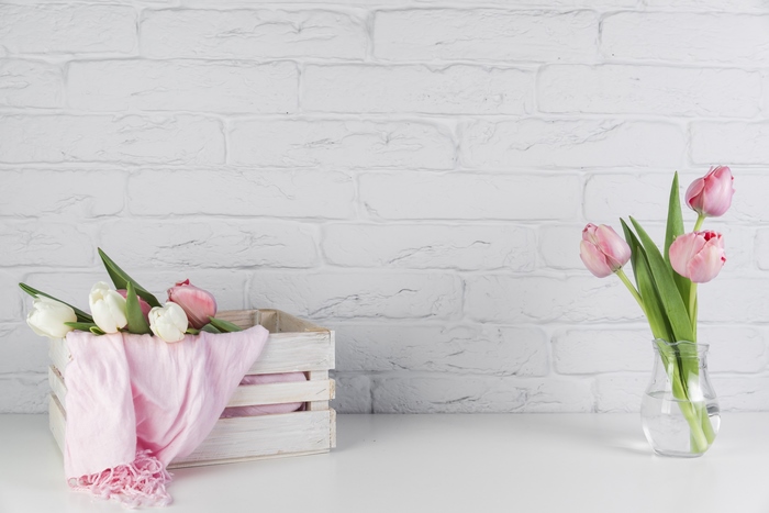 Pink and White Tulips in a Wooden Crate and Vase
