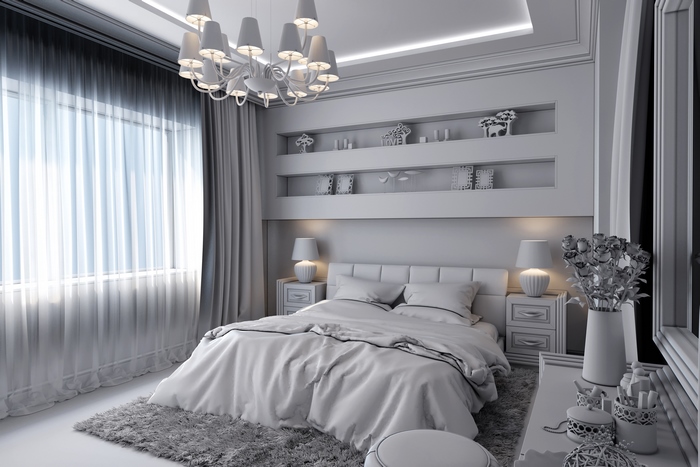 Luxurious bedroom with chandelier and large window