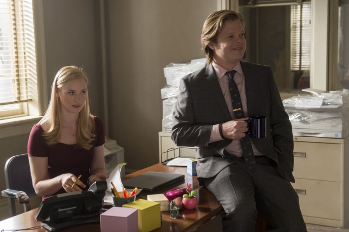 Deborah Ann Woll and Elden Henson in an office