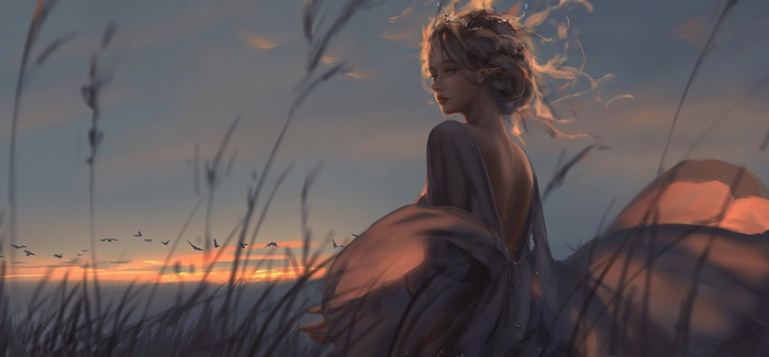 Fantasy Woman in a Field at Sunset