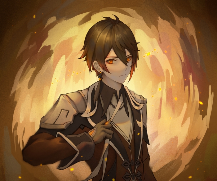 Zhongli from Genshin Impact with fiery background