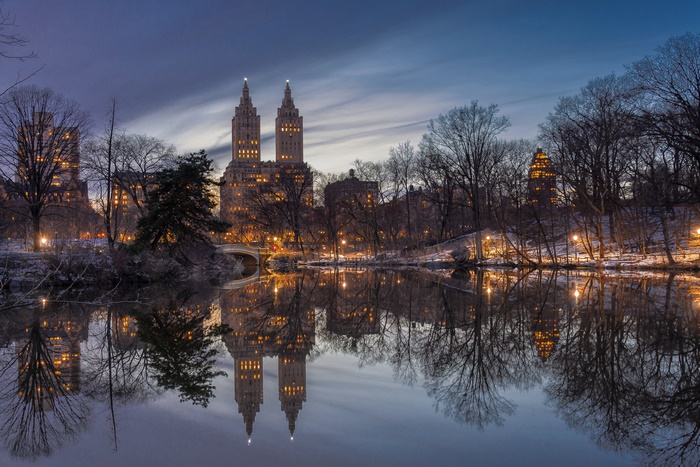 New York City Buildings Reflected in Lake at Dusk