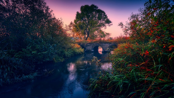 Stone bridge over a river at sunset