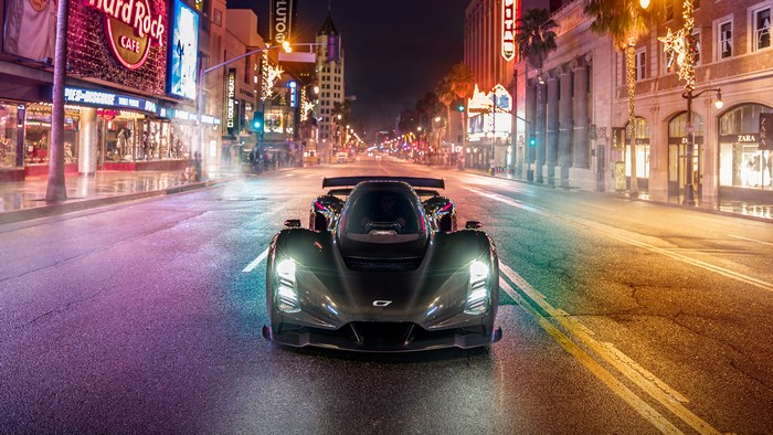 Czinger 21C supercar on Hollywood Boulevard at night