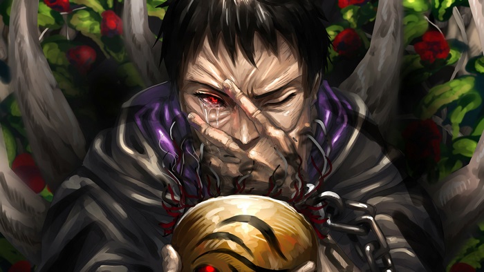Obito Uchiha crying and holding a mask
