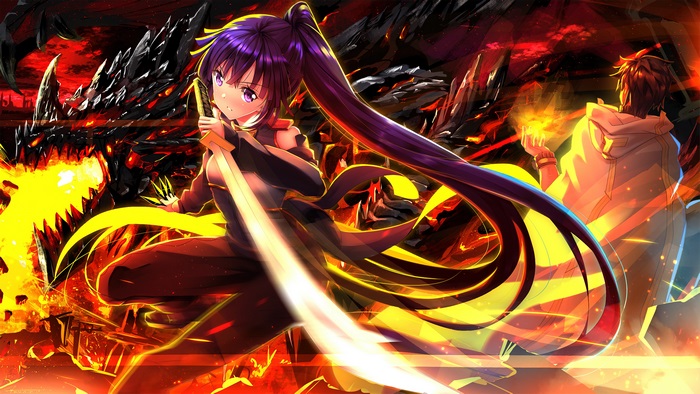 Akatsuki and Shiroe fighting a dragon