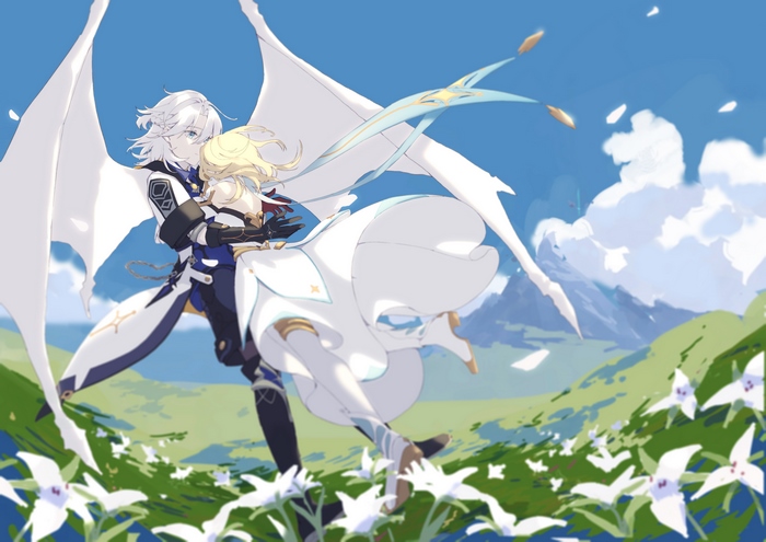 Albedo and Lumine embracing in a field of flowers