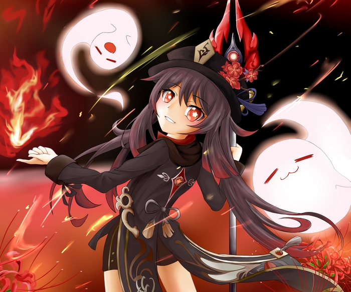 Hu Tao with ghosts and fire