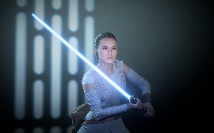 Rey with a blue lightsaber in Star Wars Battlefront II